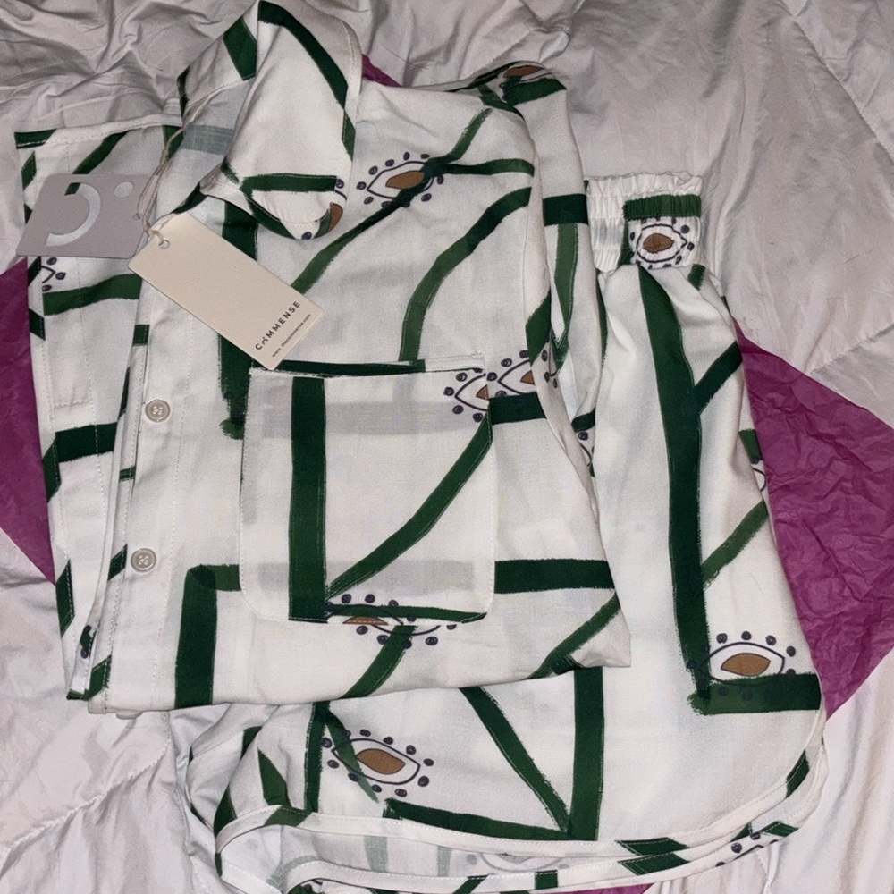 NWT SET Anthropologie Sancia Ayla Linen 2 Piece Short Set in olive green & white - Picture 14 of 15